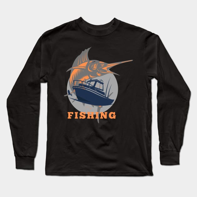 marlin fishing and boat orange Long Sleeve T-Shirt by lmdesignco